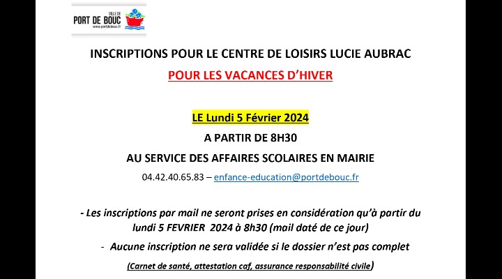 Date des inscriptions pour les vacances d'hiver au centre de loisirs Lucie Aubrac